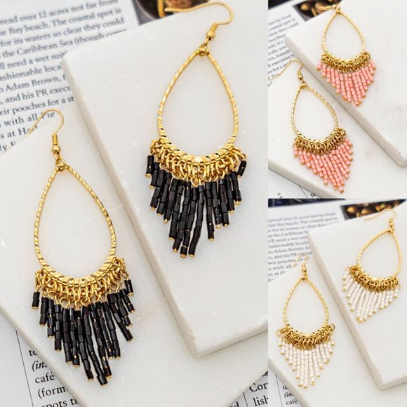 NEW Tear Drop Hoop Beaded Tassel Fringe Drop Statement Earrings Black Ivory Pink - Picture 1 of 9